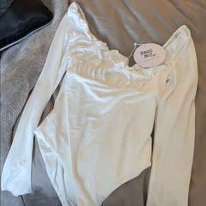 White long sleeve ruched bodysuit